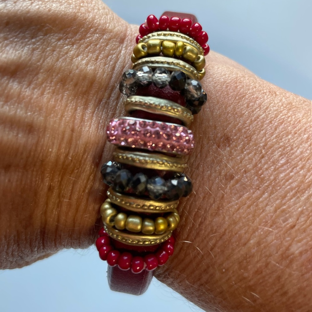 Zevar by Treska leather bracelet with rhinestones & beads and magnetic closure